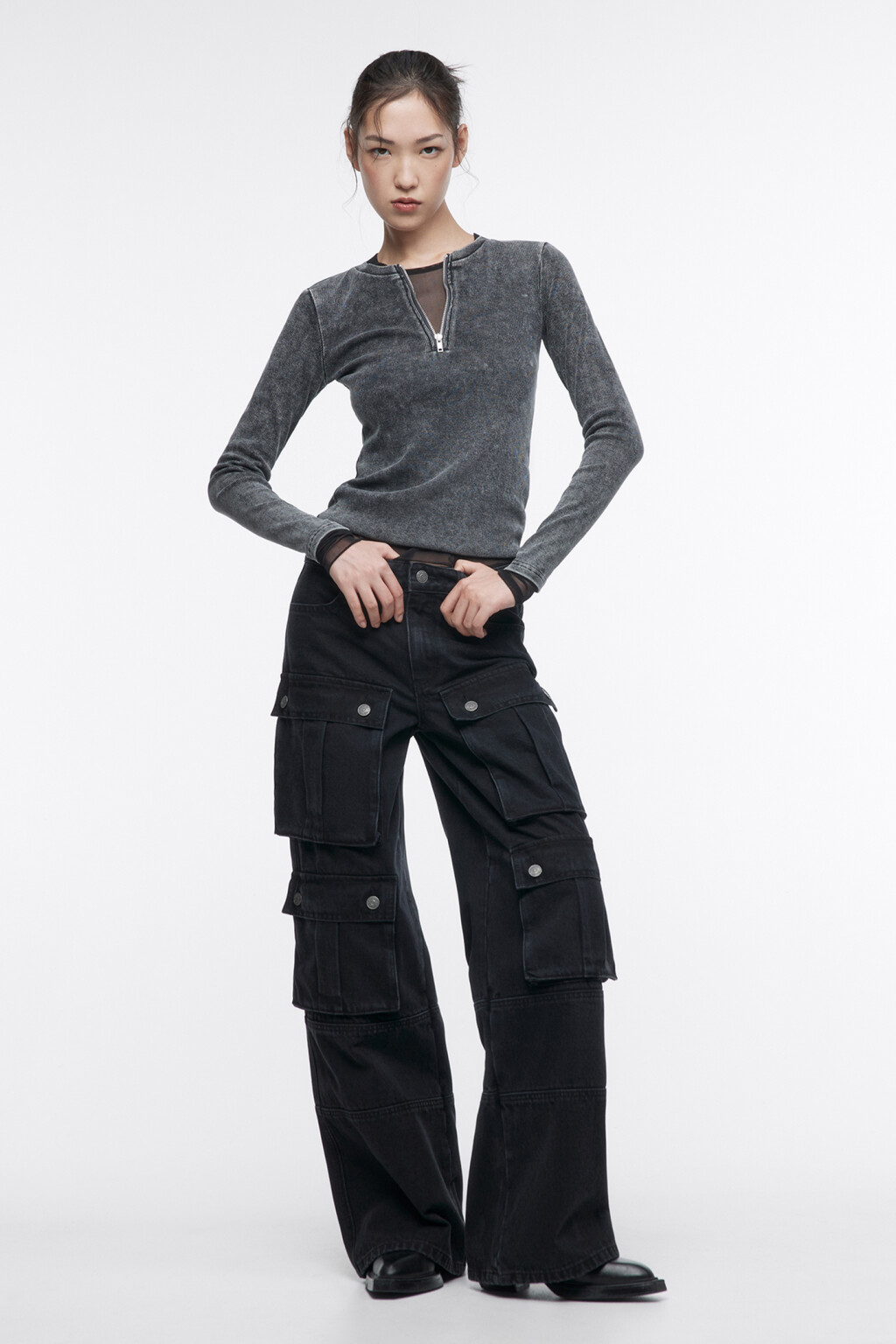 Джинсы карго широкие с большими карманами - цвет черный - 5