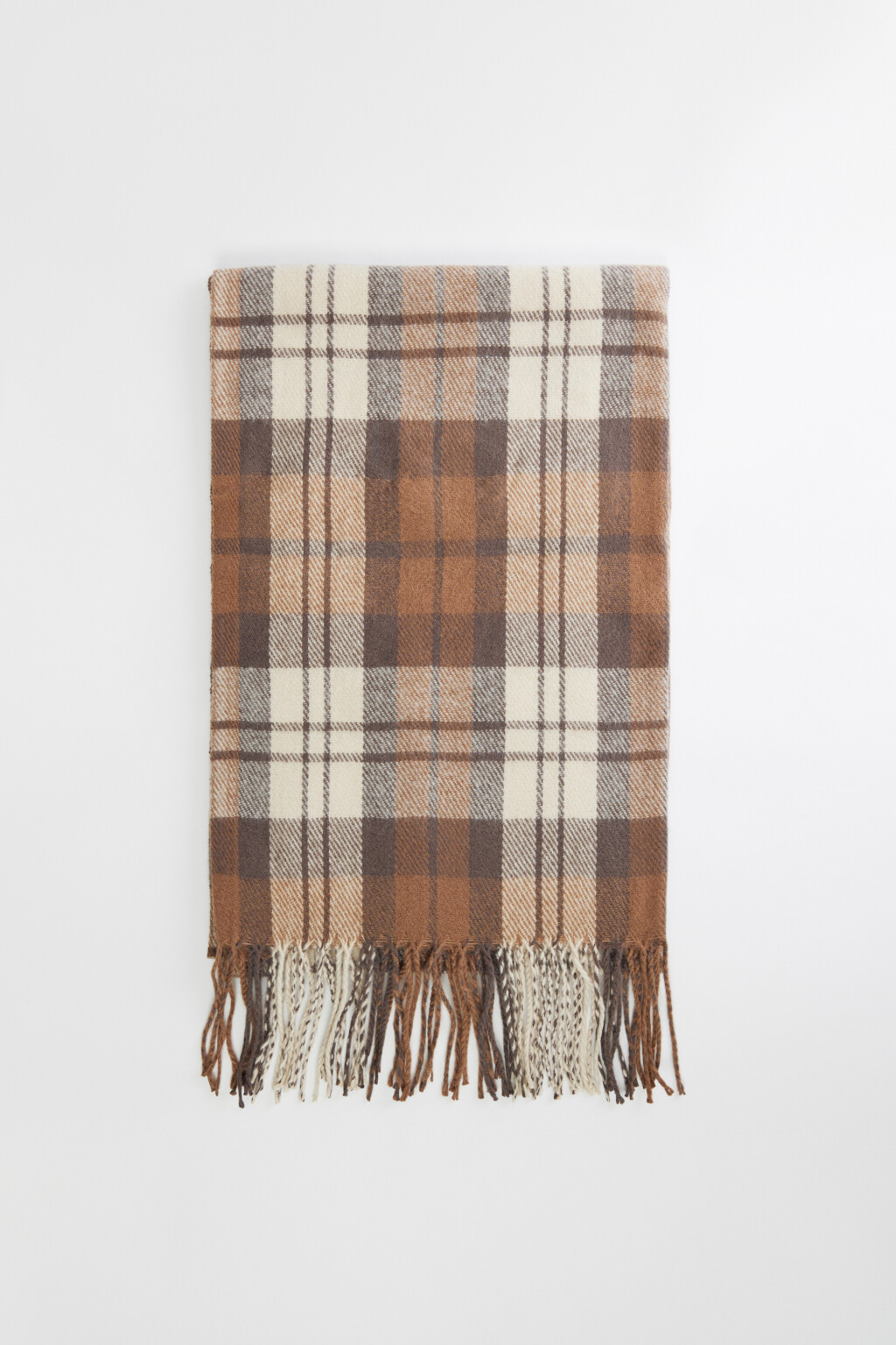 Шарф вязаный клетчатый с бахромой - цвет коричневый - 1