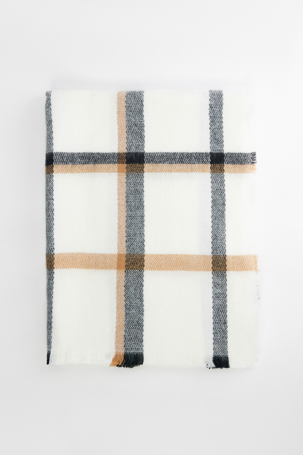 Шарф вязаный клетчатый с короткой бахромой - цвет бежевый - 3