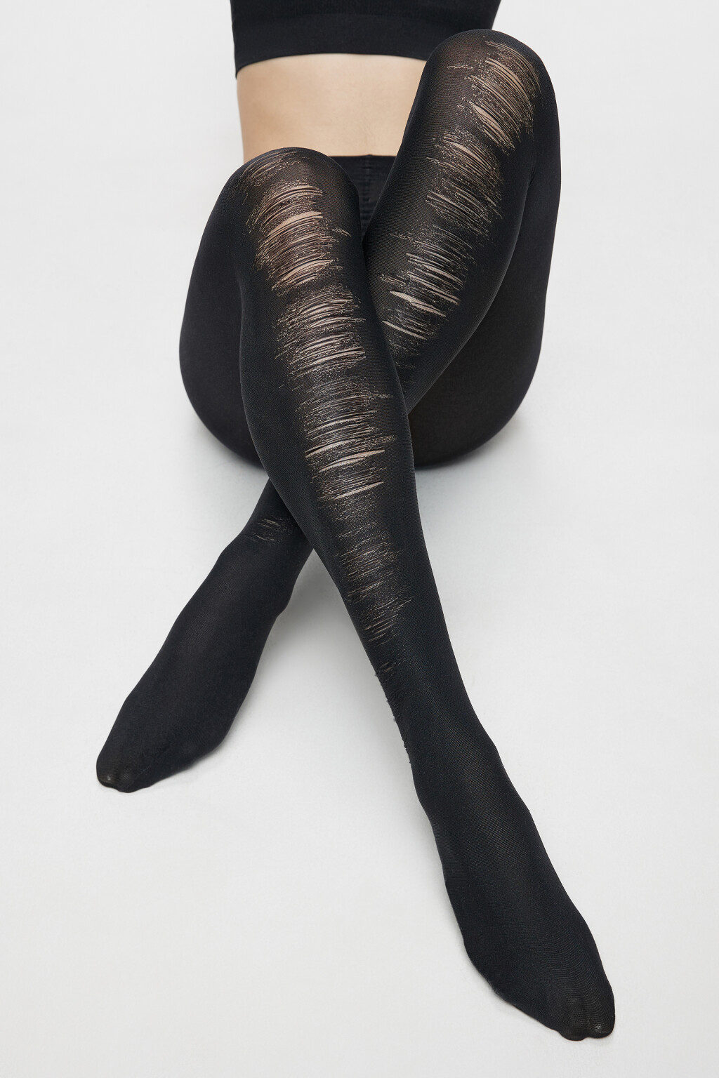Колготки капроновые рваные с высокой посадкой - цвет черный - 5