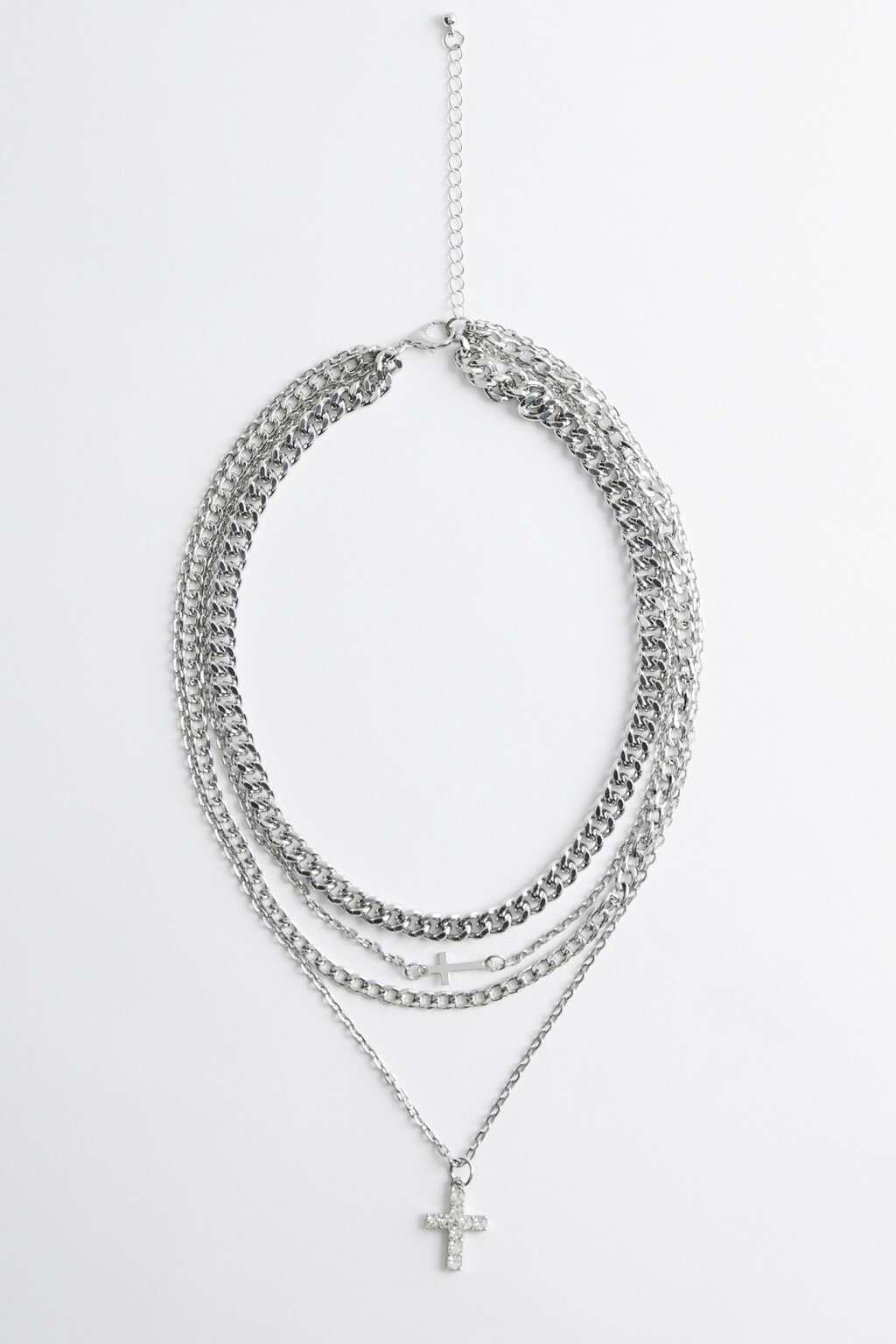 Цепочка многослойная серебристая с подвеской-крестиком - цвет серый - 1