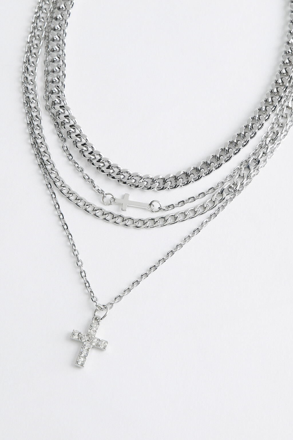 Цепочка многослойная серебристая с подвеской-крестиком - цвет серый - 2