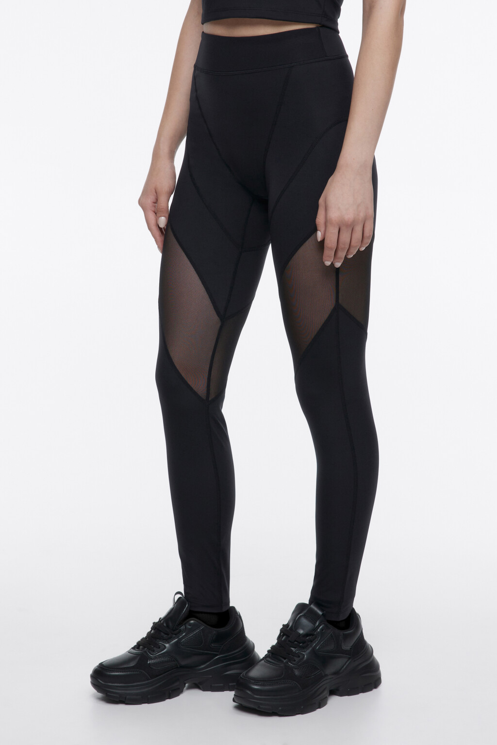 Леггинсы спортивные облегающие с сетчатыми вставками - цвет черный - 2