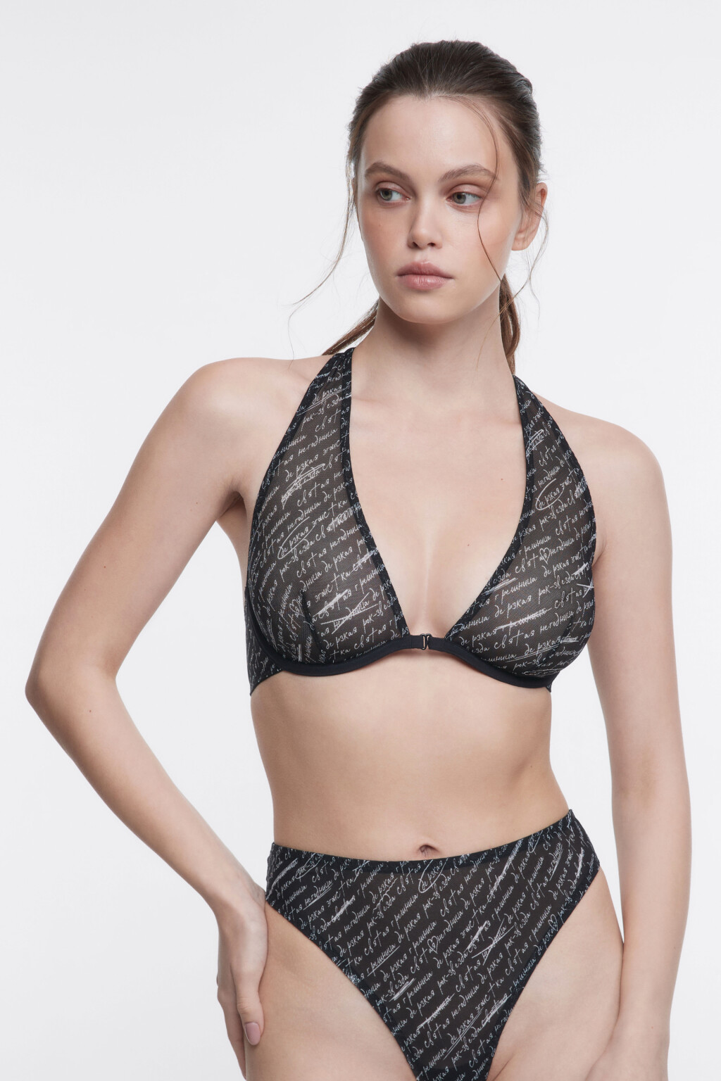 Бюстгальтер-бра сетчатый с принтом-надписью - цвет белый - 1