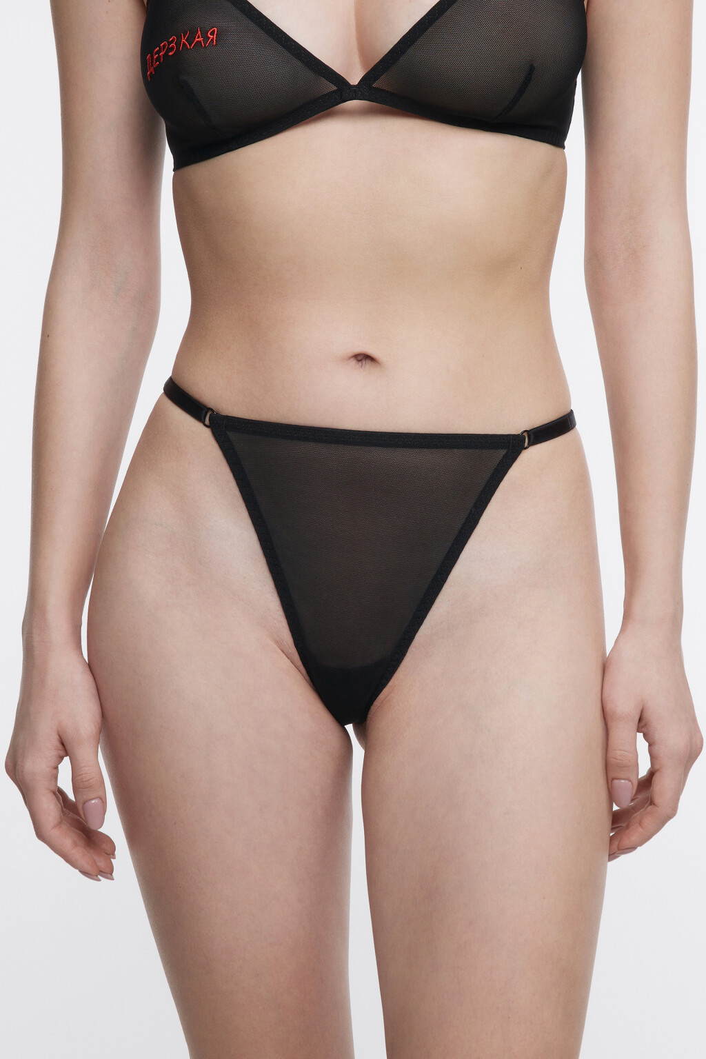 Трусы-стринги высокие сетчатые со стрепами - цвет черный - 1