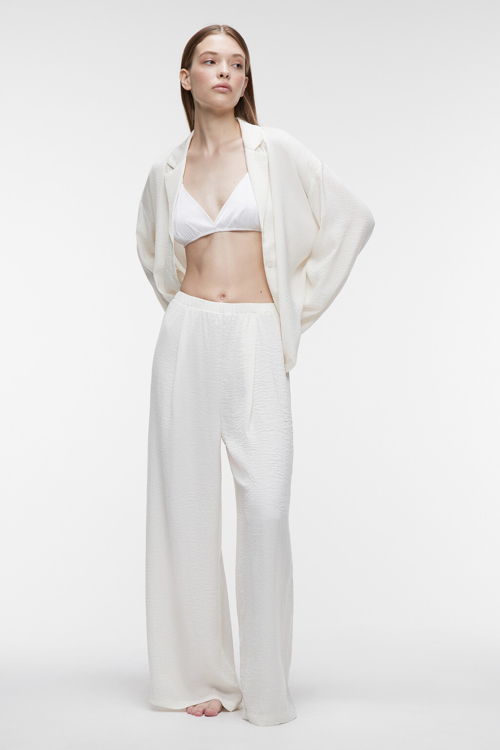 Брюки домашние широкие из сатиновой ткани - цвет белый - 4