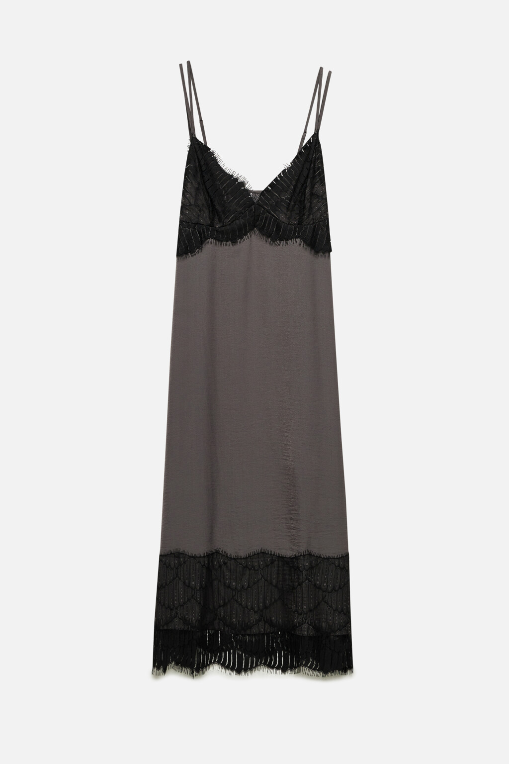 Платье-комбинация домашнее сатиновое с кружевом - цвет серый - 8