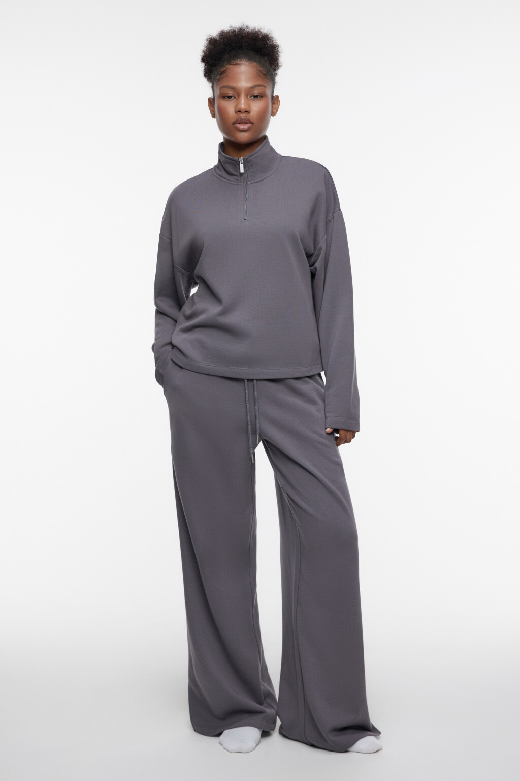 Толстовка домашняя хлопковая с воротником на молнии - цвет серый - 1