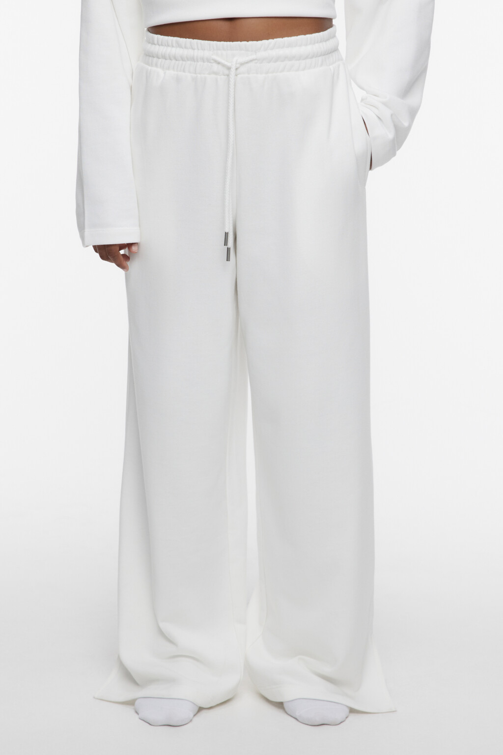 Брюки домашние хлопковые с поясом на завязках - цвет белый - 1