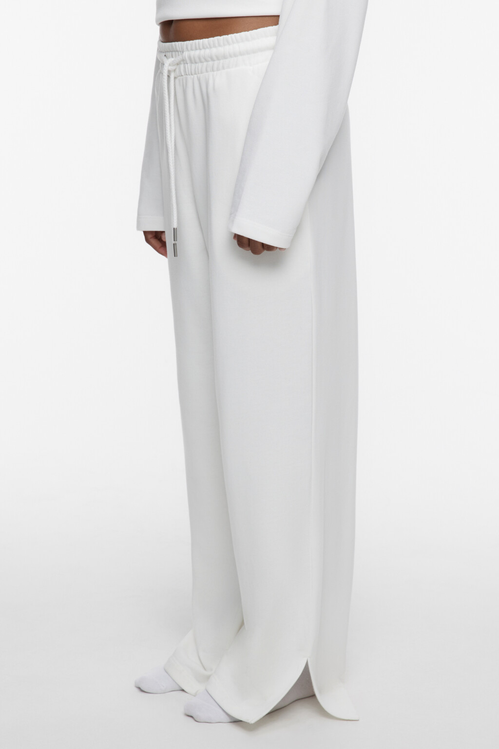 Брюки домашние хлопковые с поясом на завязках - цвет белый - 2