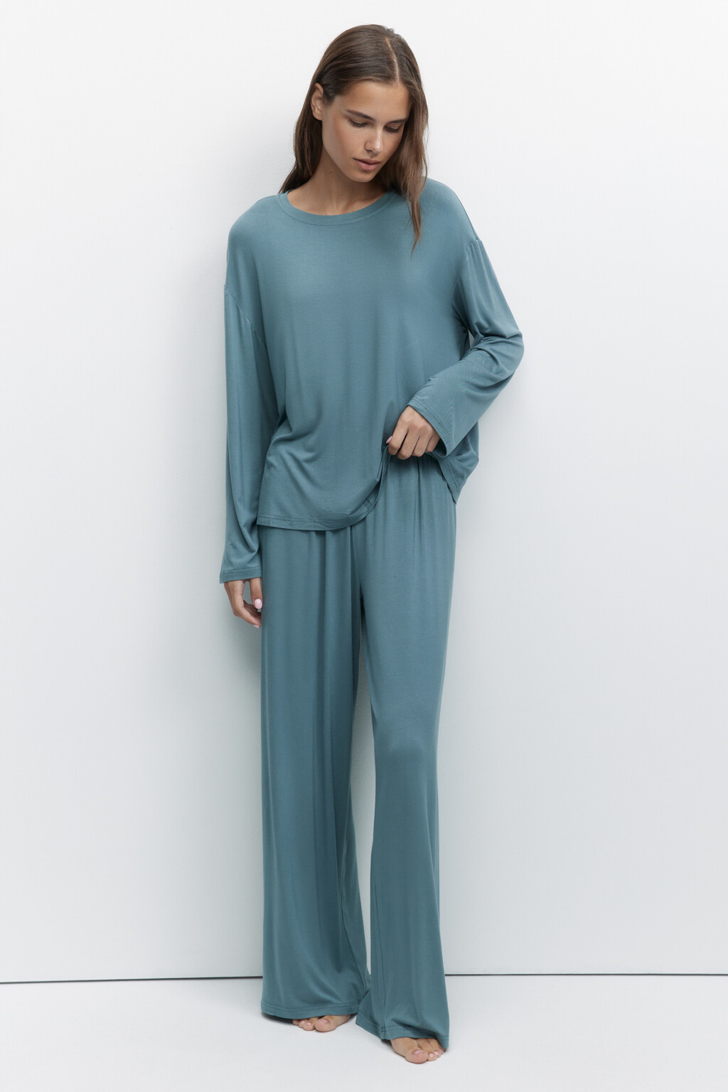 Брюки домашние вискозные свободного кроя - цвет зеленый - 4