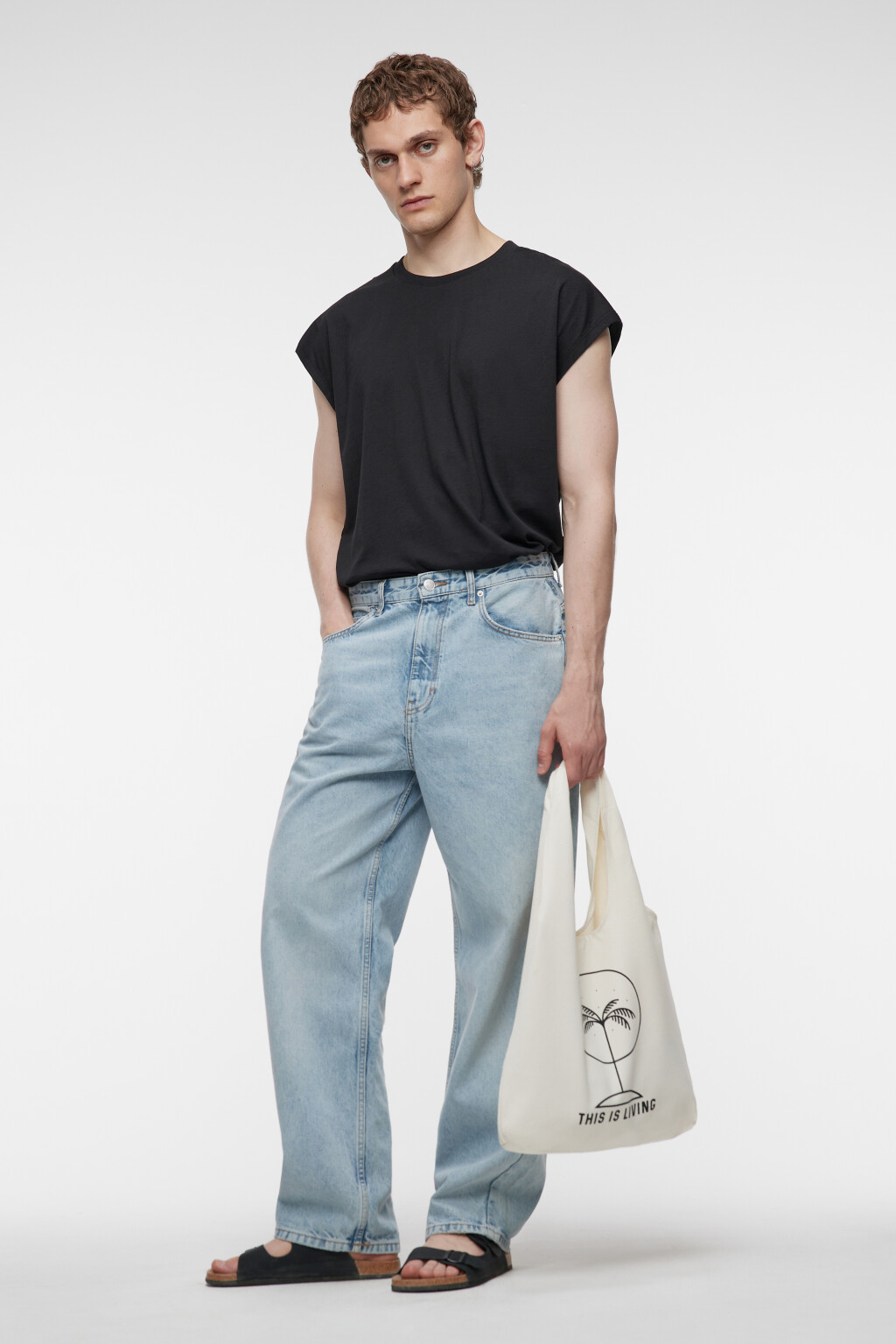 Сумка-шоппер хлопковая с принтом и ручками на плечо - цвет бежевый - 1