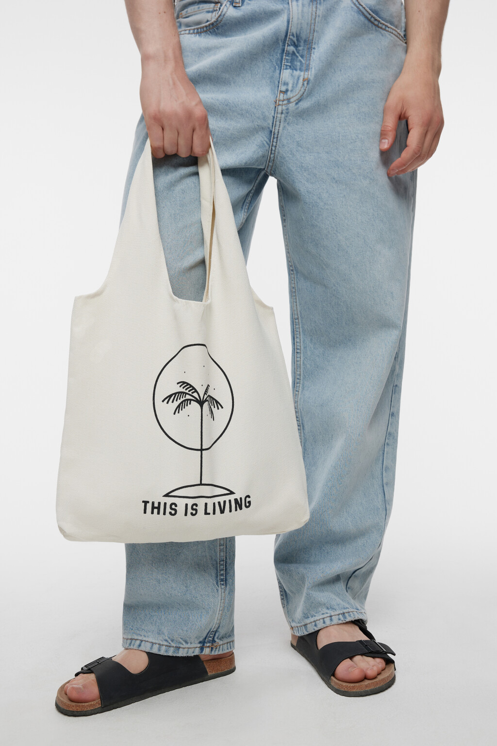 Сумка-шоппер хлопковая с принтом и ручками на плечо - цвет бежевый - 2