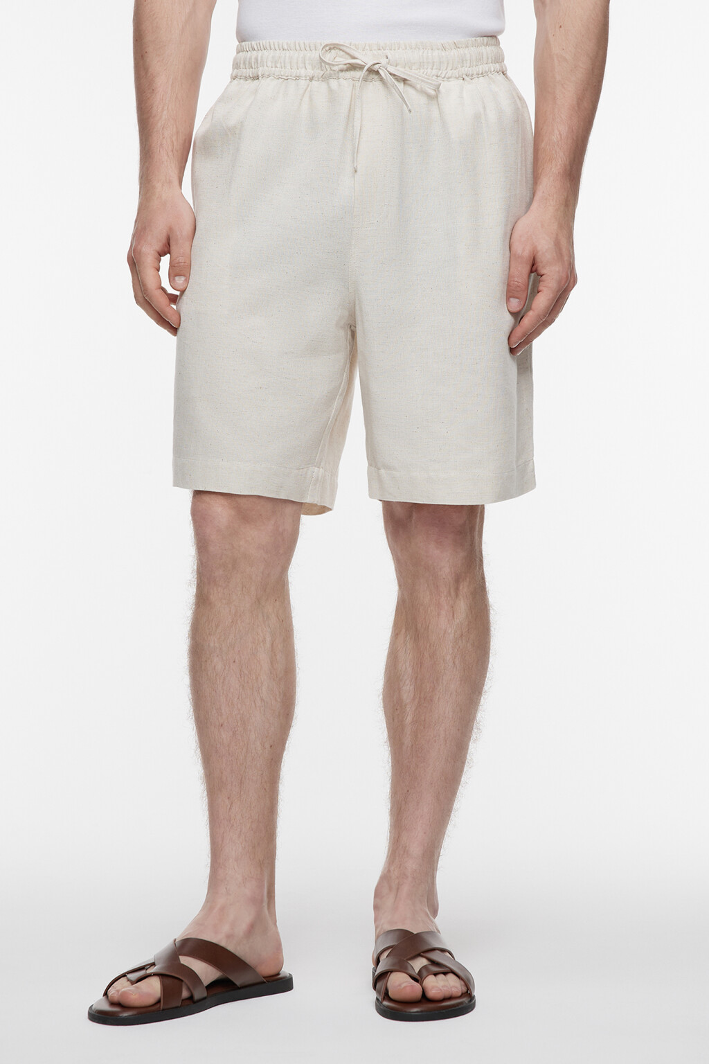 Шорты прямые льняные с поясом-резинкой на завязках - цвет бежевый - 1
