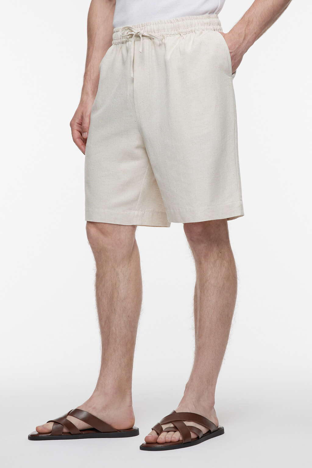 Шорты прямые льняные с поясом-резинкой на завязках - цвет бежевый - 2