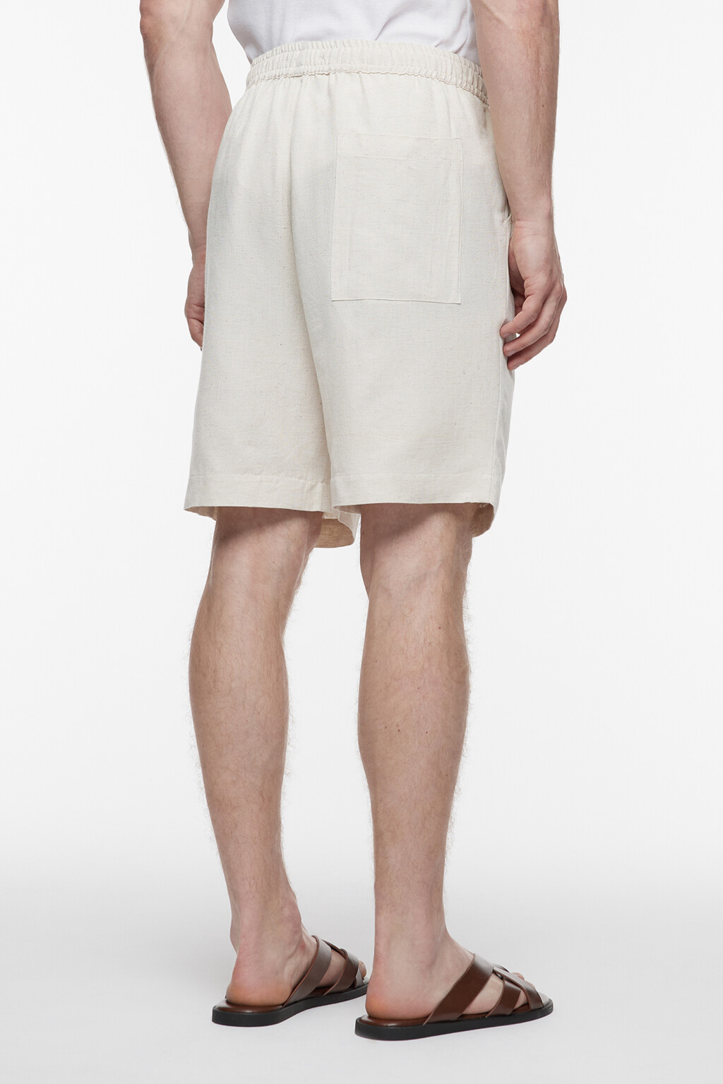 Шорты прямые льняные с поясом-резинкой на завязках - цвет бежевый - 3