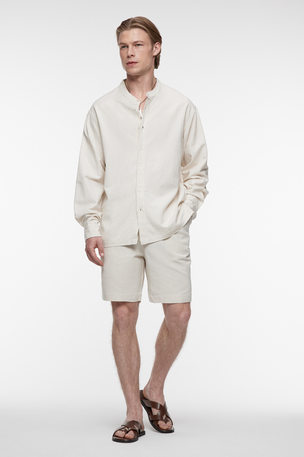 Шорты прямые льняные с поясом-резинкой на завязках - цвет бежевый - 5