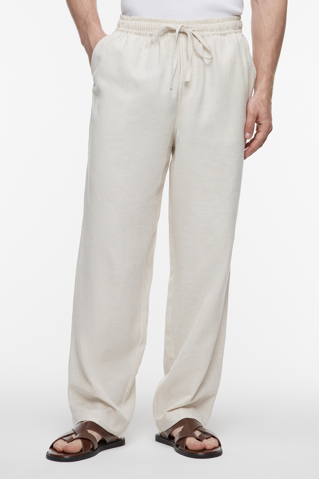 Брюки прямые льняные с поясом-резинкой на завязках - цвет бежевый - 2