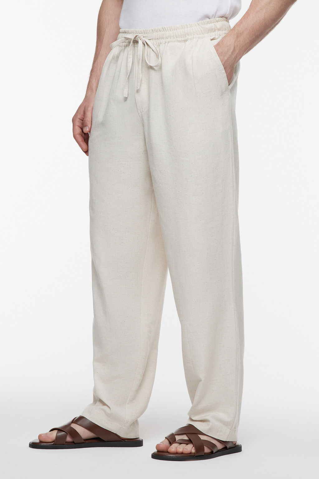 Брюки прямые льняные с поясом-резинкой на завязках - цвет бежевый - 3