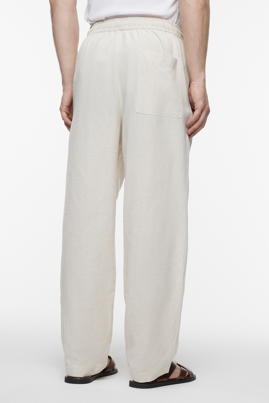 Брюки прямые льняные с поясом-резинкой на завязках - цвет бежевый - 4