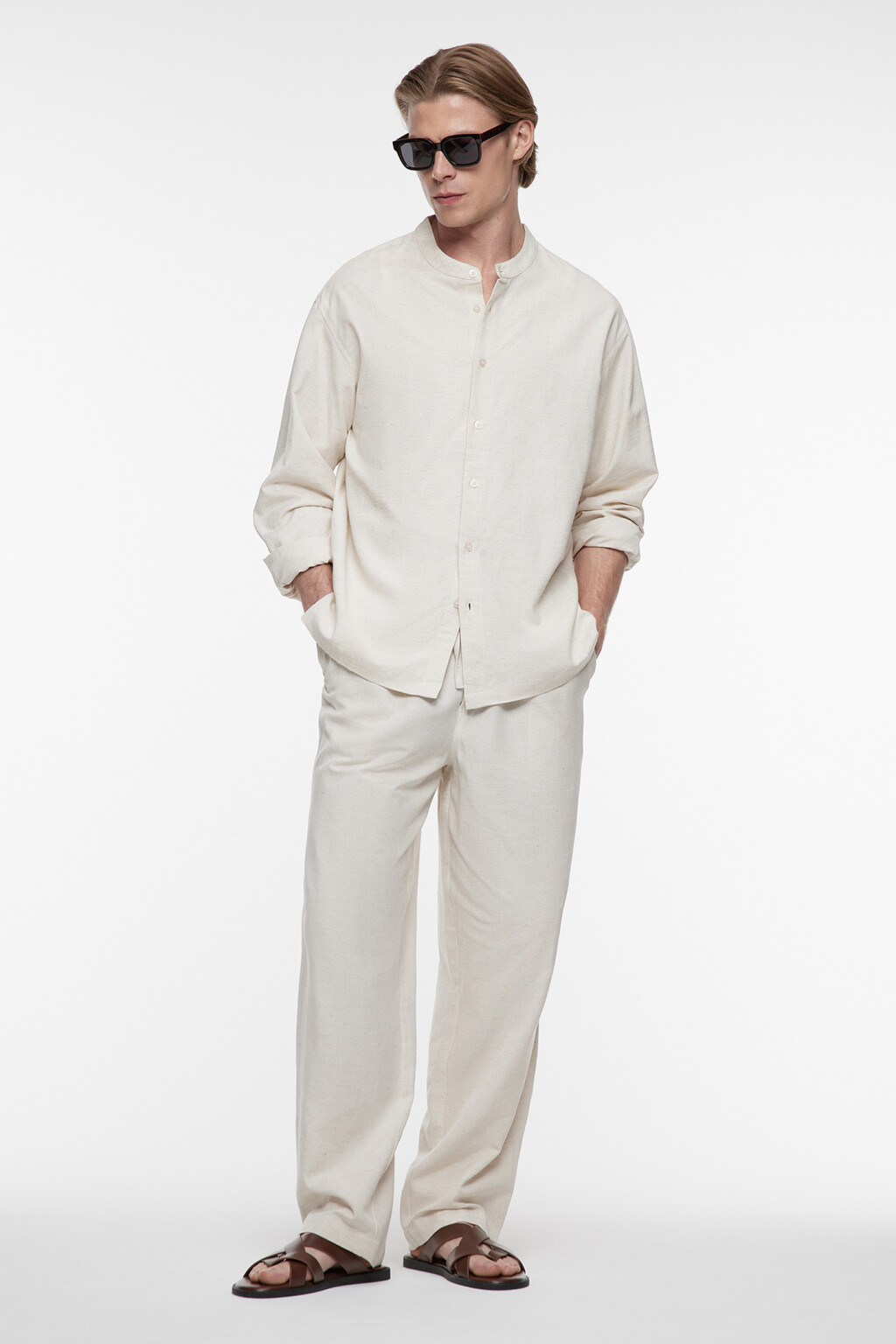 Брюки прямые льняные с поясом-резинкой на завязках - цвет бежевый - 5