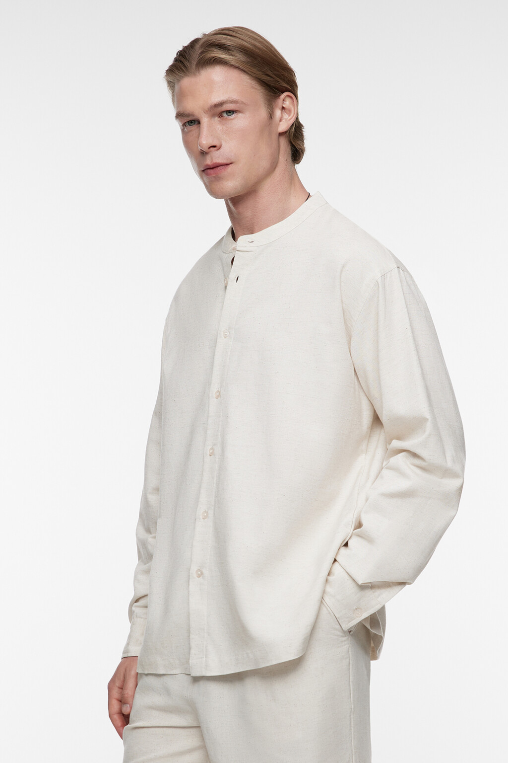 Рубашка прямая льняная с воротником-стойкой - цвет бежевый - 3