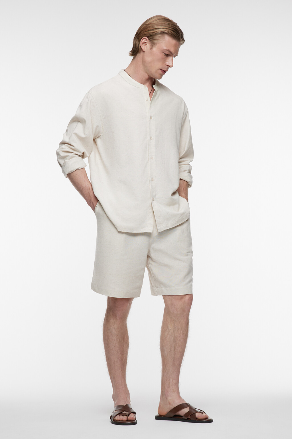 Рубашка прямая льняная с воротником-стойкой - цвет бежевый - 5