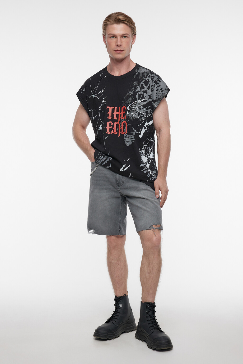 Майка oversize хлопковая с принтом с черепами - цвет черный - 5