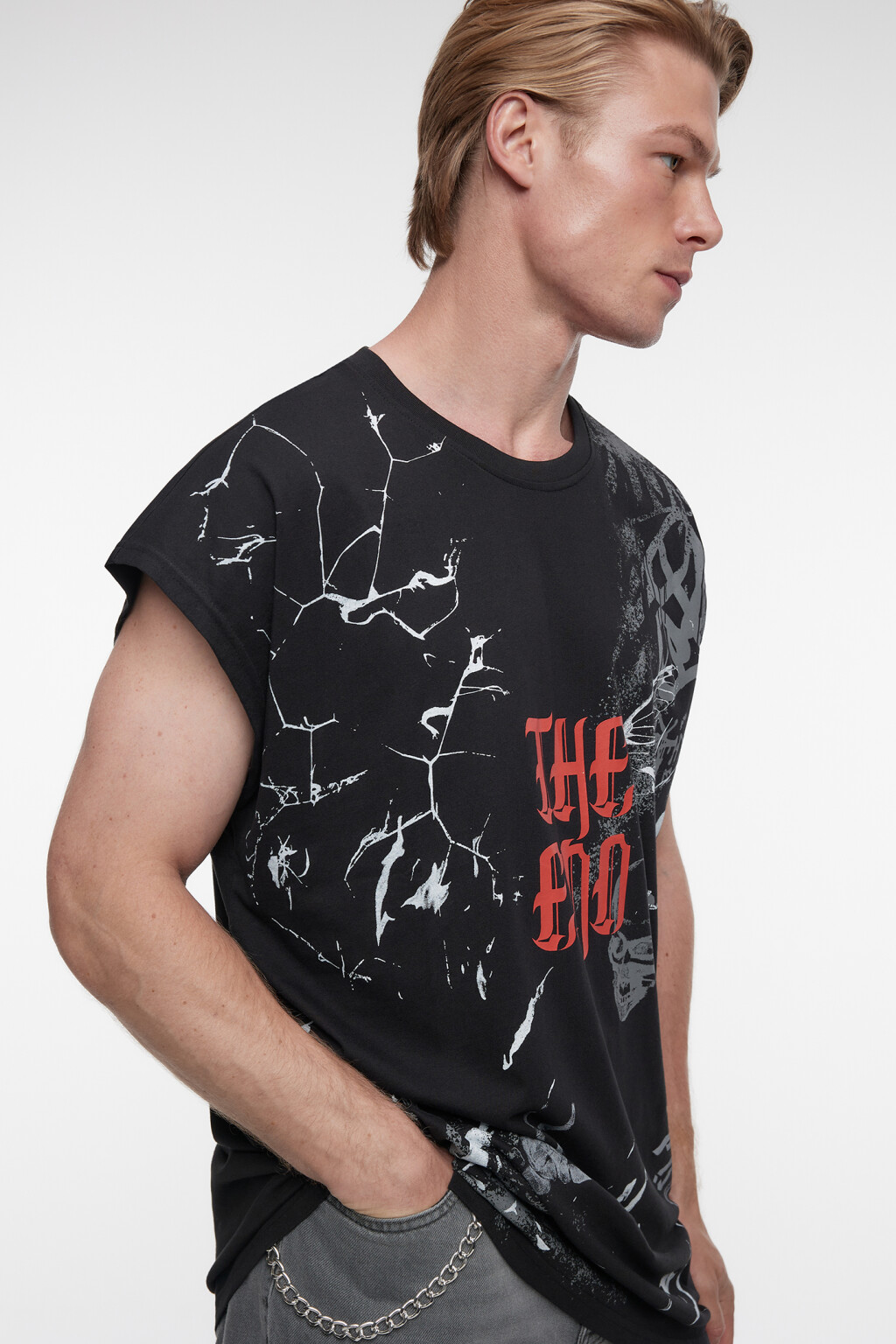 Майка oversize хлопковая с принтом с черепами - цвет черный - 8