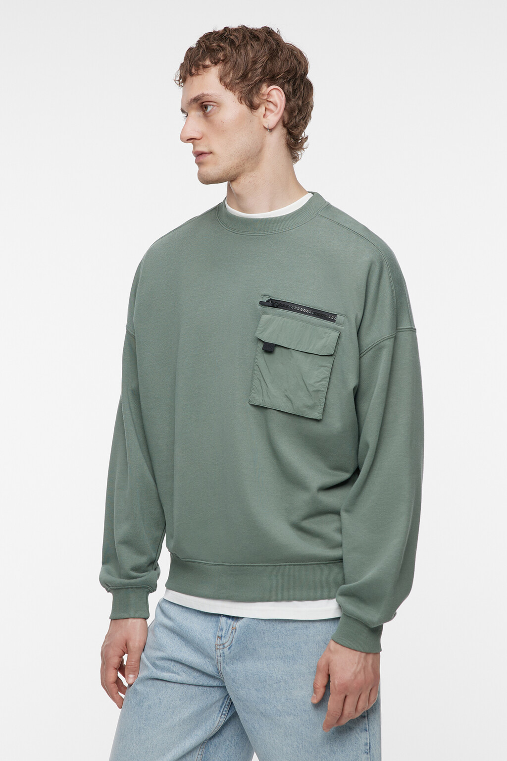 Свитшот хлопковый с накладным карманом на груди - цвет зеленый - 3