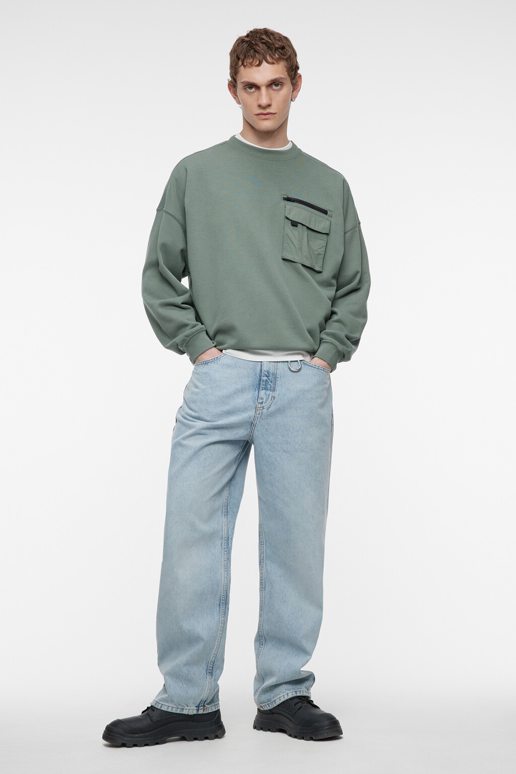 Свитшот хлопковый с накладным карманом на груди - цвет зеленый - 5