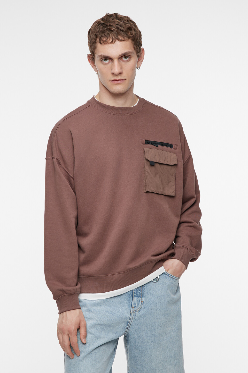 Свитшот хлопковый с накладным карманом на груди - цвет коричневый - 2