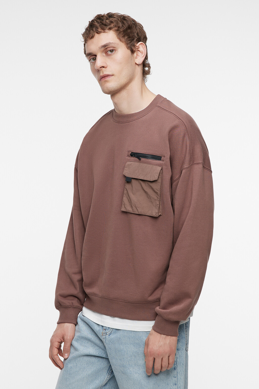 Свитшот хлопковый с накладным карманом на груди - цвет коричневый - 3