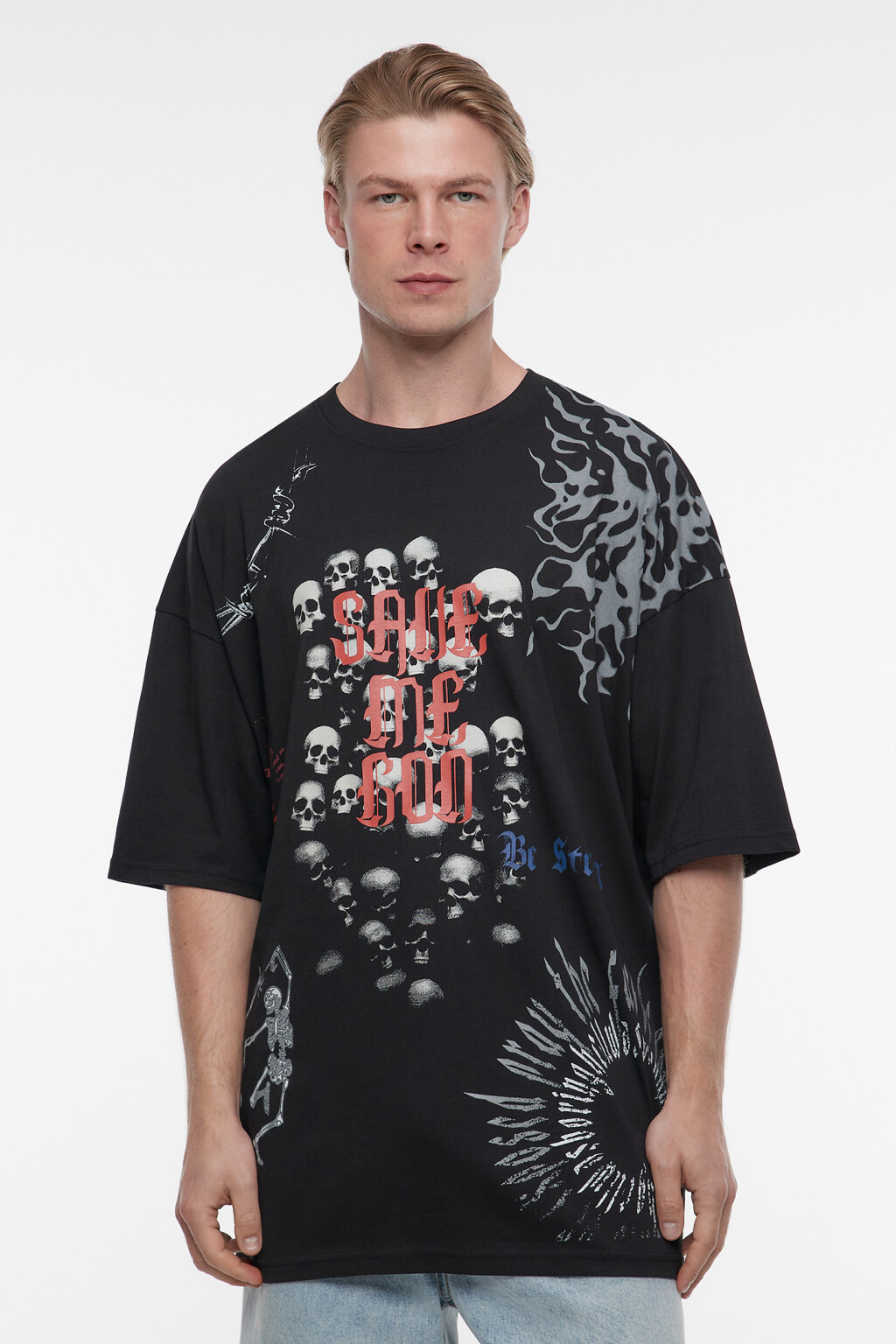Футболка oversize хлопковая с принтом с черепами - цвет черный - 2