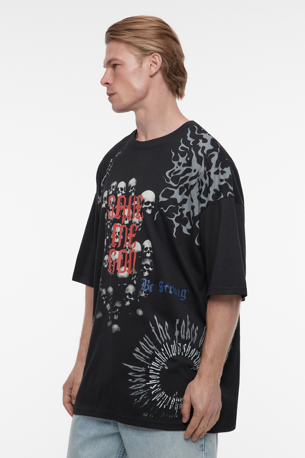 Футболка oversize хлопковая с принтом с черепами - цвет черный - 3