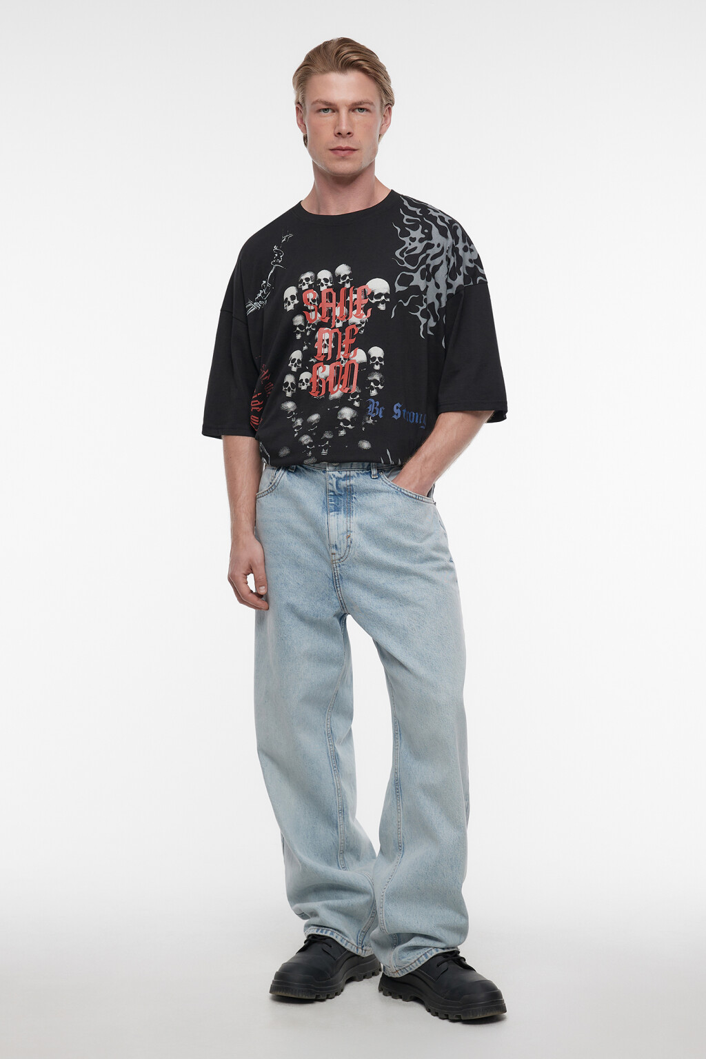 Футболка oversize хлопковая с принтом с черепами - цвет черный - 1