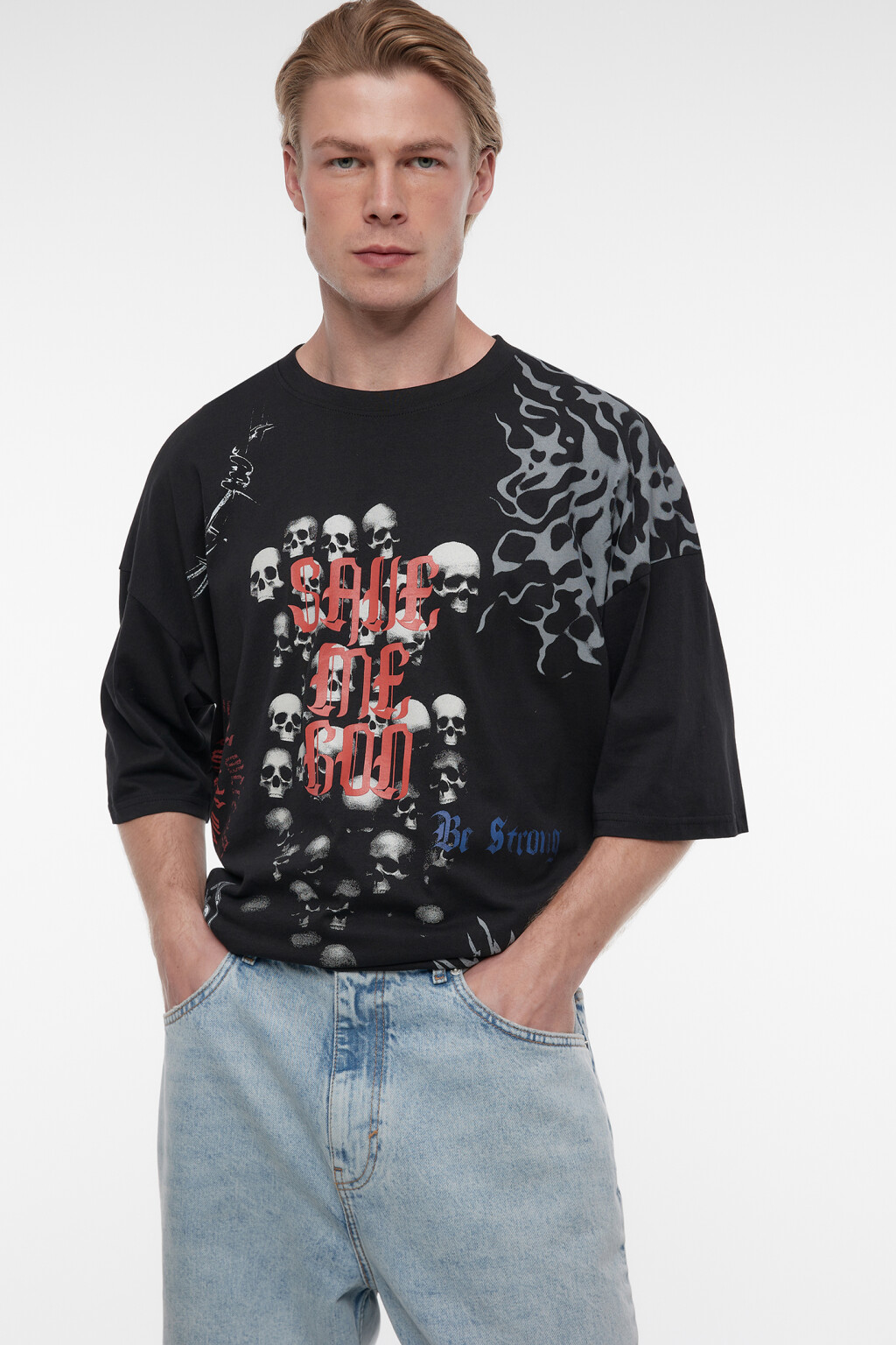 Футболка oversize хлопковая с принтом с черепами - цвет черный - 7