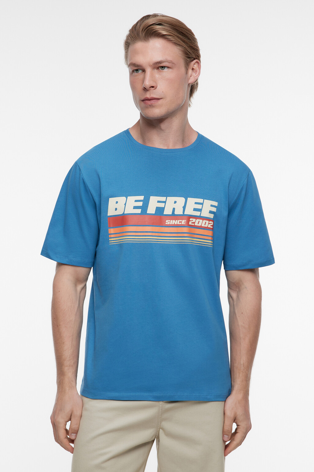 Футболка прямая хлопковая с принтом в стиле ретро - цвет синий - 3