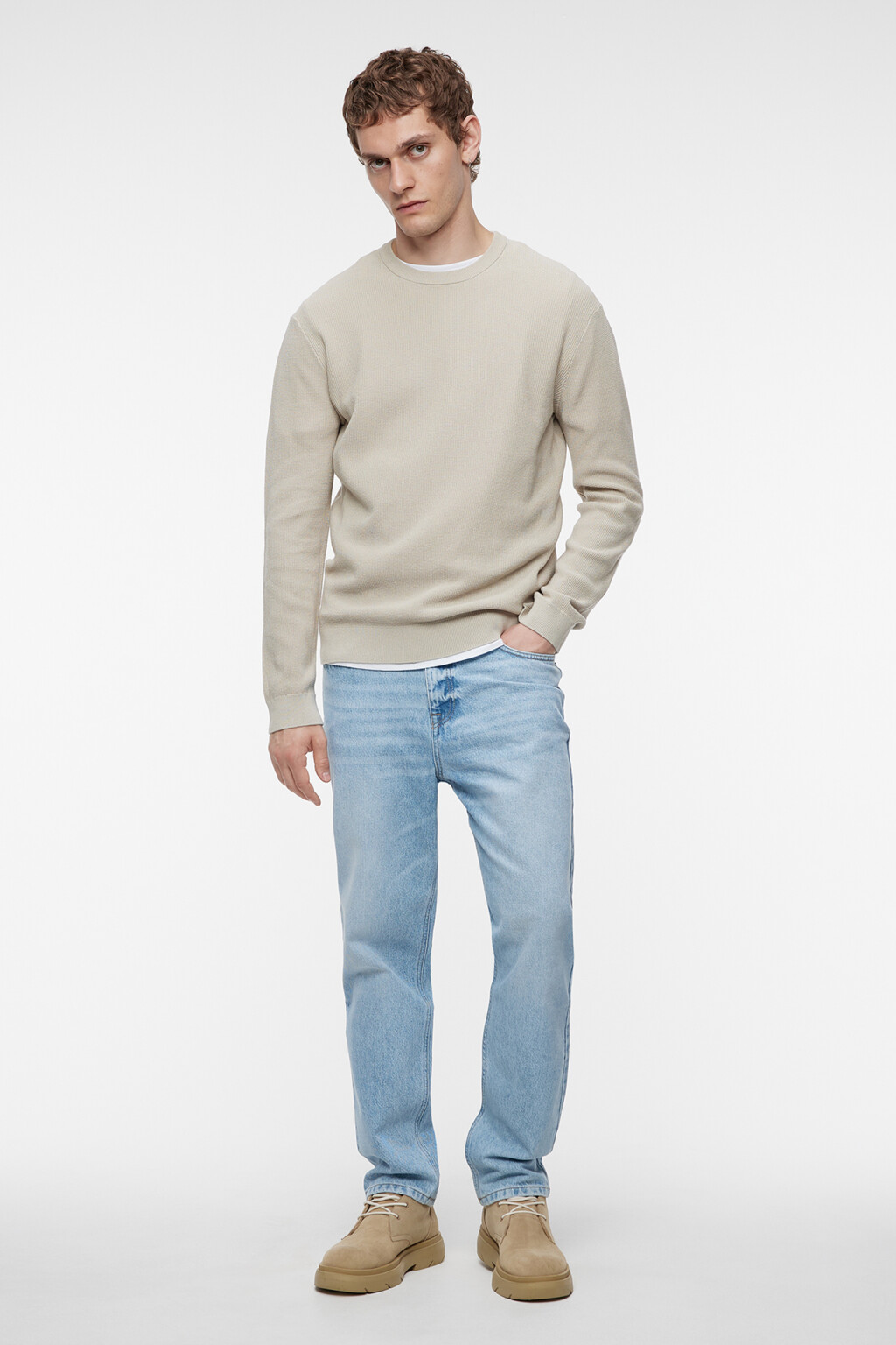 Джемпер oversize хлопковый тонкой вязки - цвет бежевый - 1