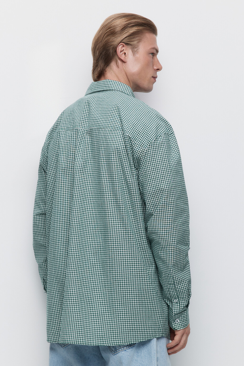 Рубашка свободного кроя хлопковая в мелкую клетку - цвет зеленый - 5