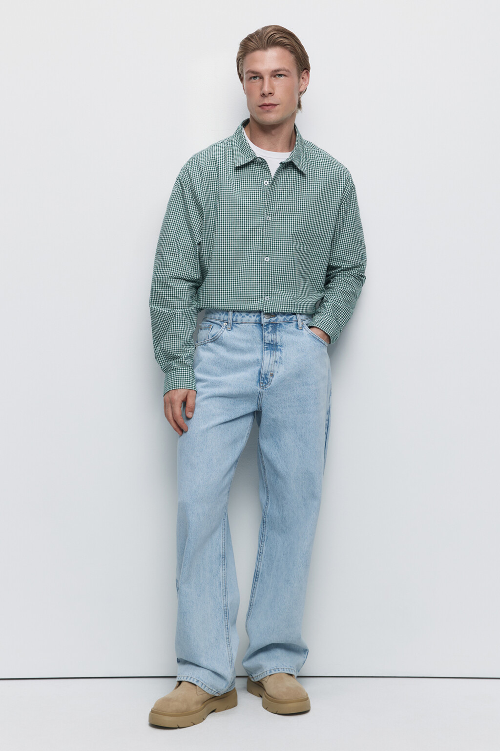 Рубашка свободного кроя хлопковая в мелкую клетку - цвет зеленый - 6