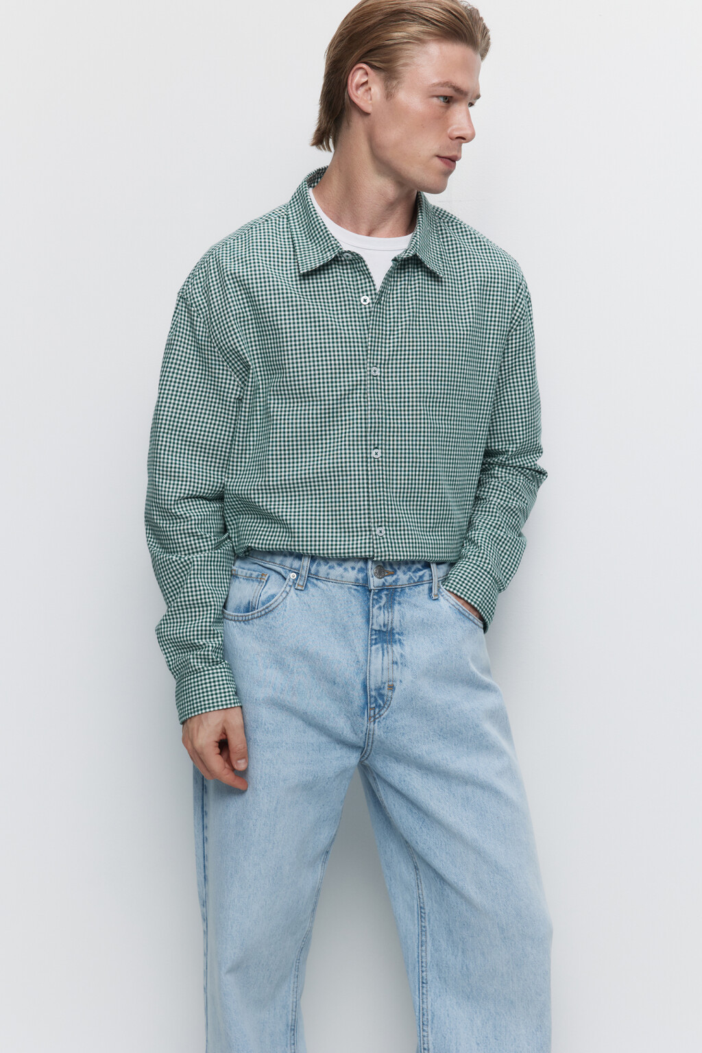 Рубашка свободного кроя хлопковая в мелкую клетку - цвет зеленый - 2