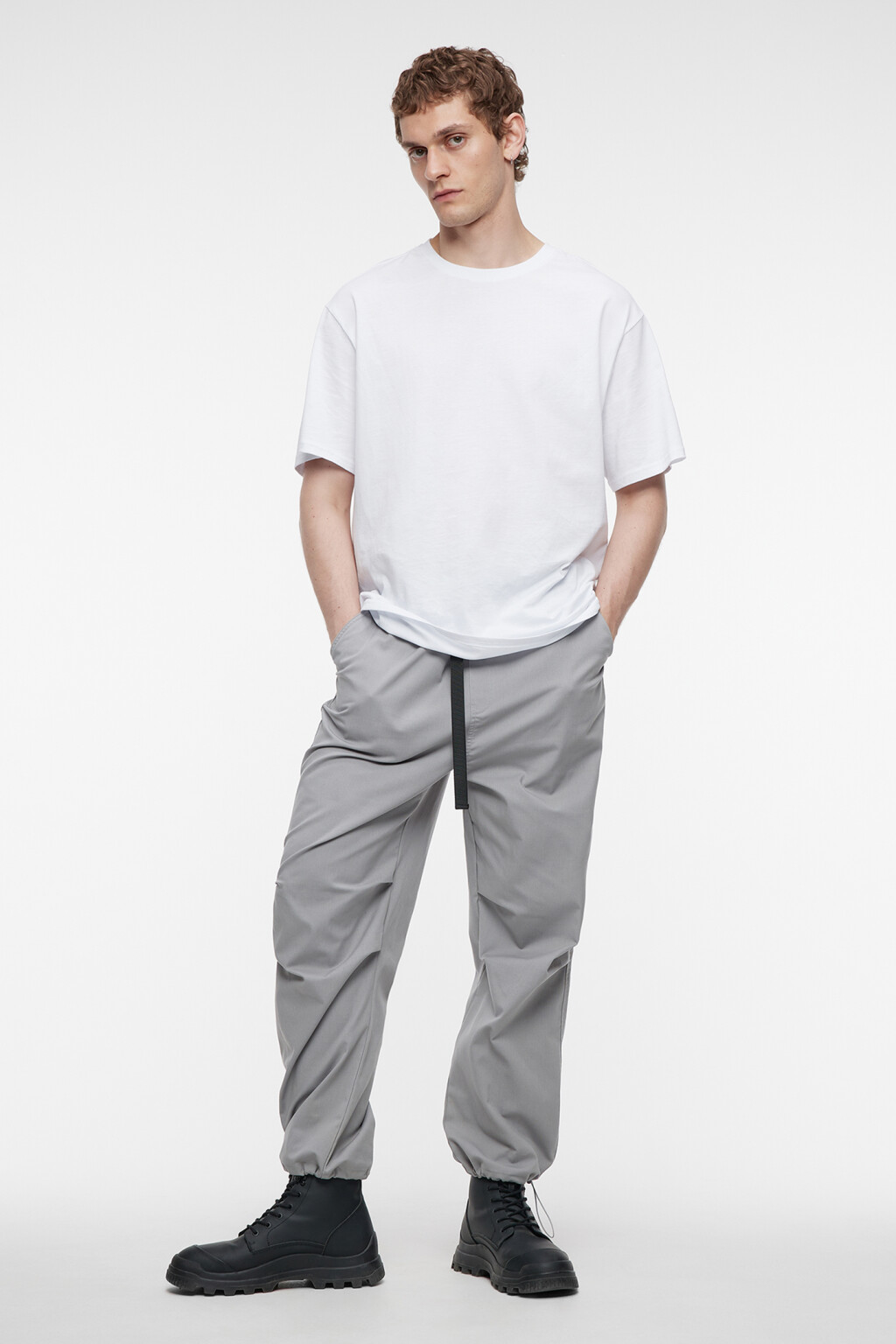 Брюки-парашюты хлопковые свободные с утяжками - цвет серый - 1