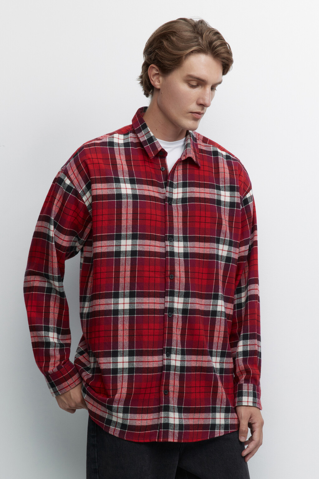 Рубашка oversize хлопковая с принтом в клетку - цвет красный - 4
