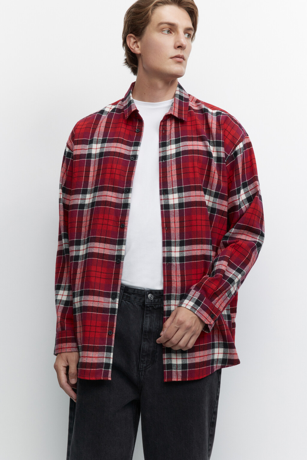 Рубашка oversize хлопковая с принтом в клетку - цвет красный - 2