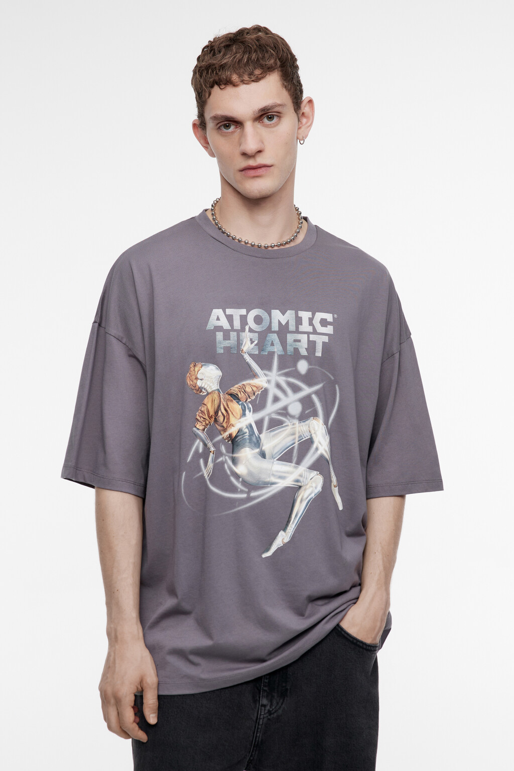 Футболка oversize хлопковая с принтом Atomic Heart - цвет серый - 2