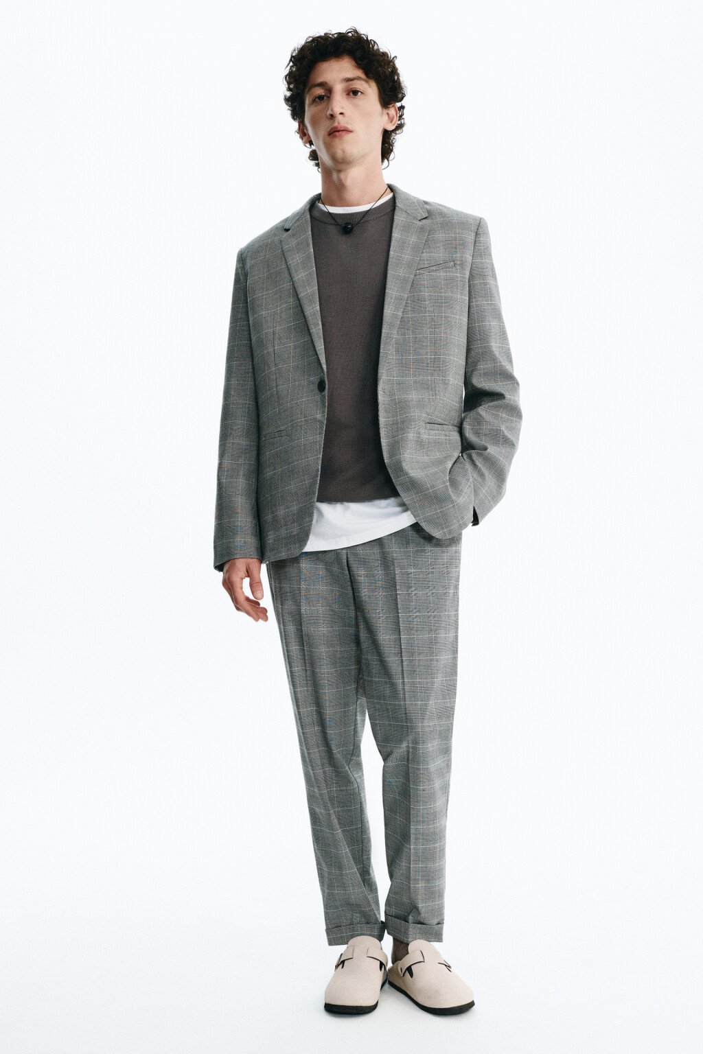 Брюки slim костюмные зауженные с принтом в клетку - цвет серый - 7