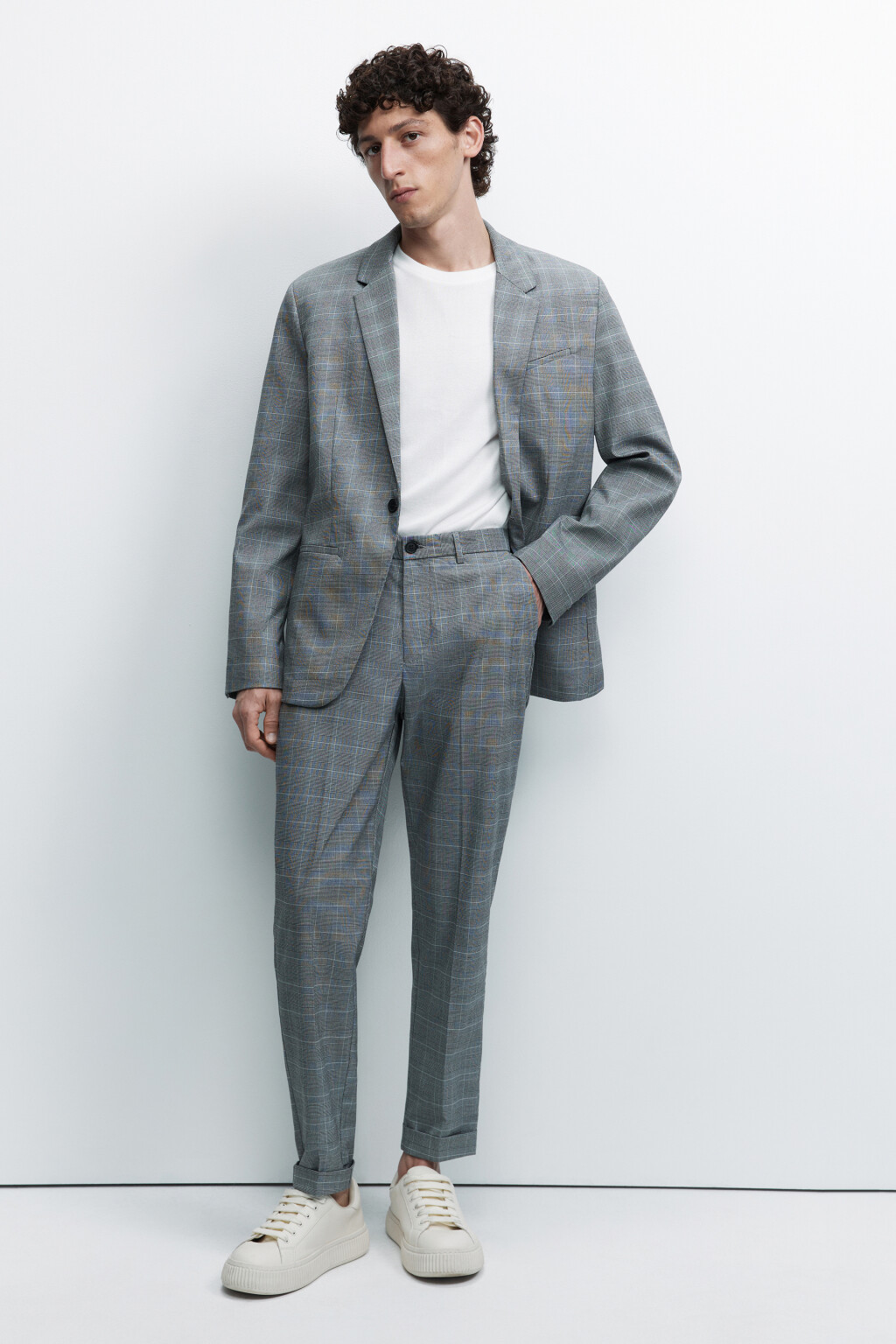 Брюки slim костюмные зауженные с принтом в клетку - цвет серый - 4