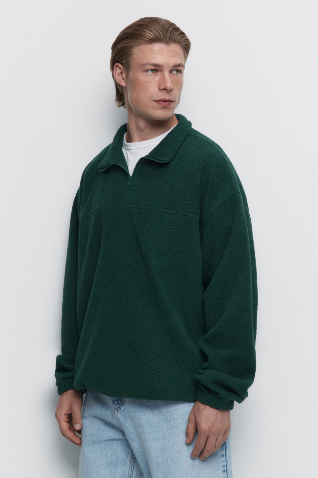 Толстовка oversize флисовая с воротником на молнии - цвет зеленый - 3