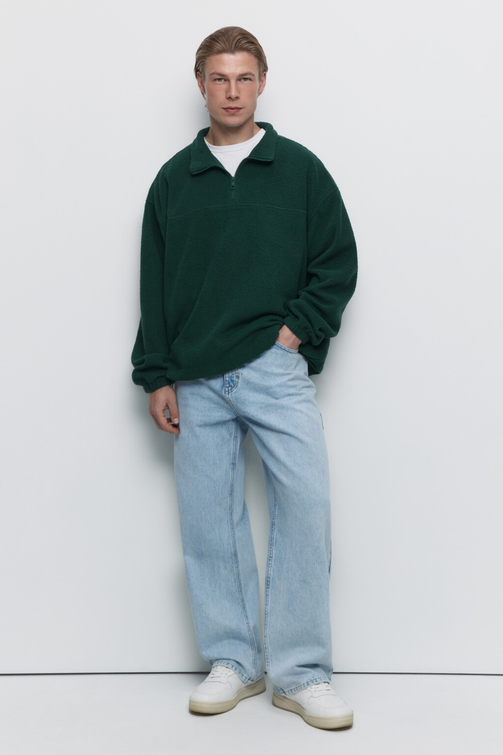 Толстовка oversize флисовая с воротником на молнии - цвет зеленый - 1